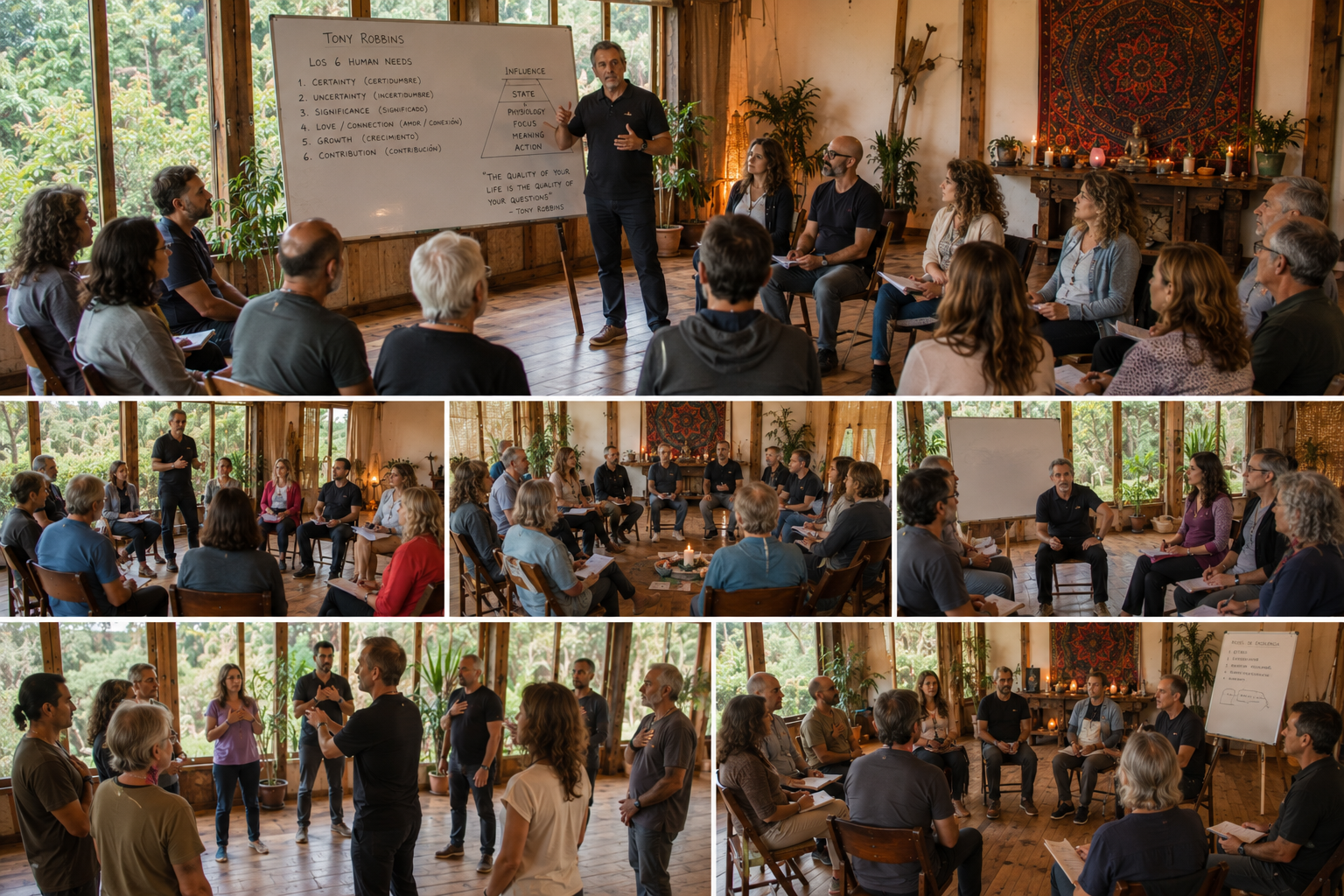 Participantes del retiro holístico de coaching disfrutando experiencias de sanación y bienestar