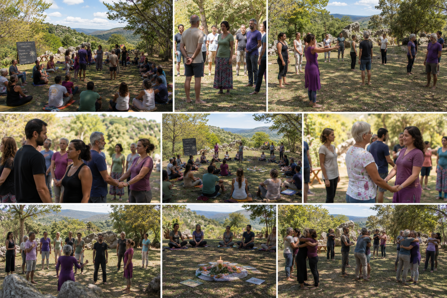 Participantes del retiro holístico de coaching disfrutando experiencias de sanación y bienestar