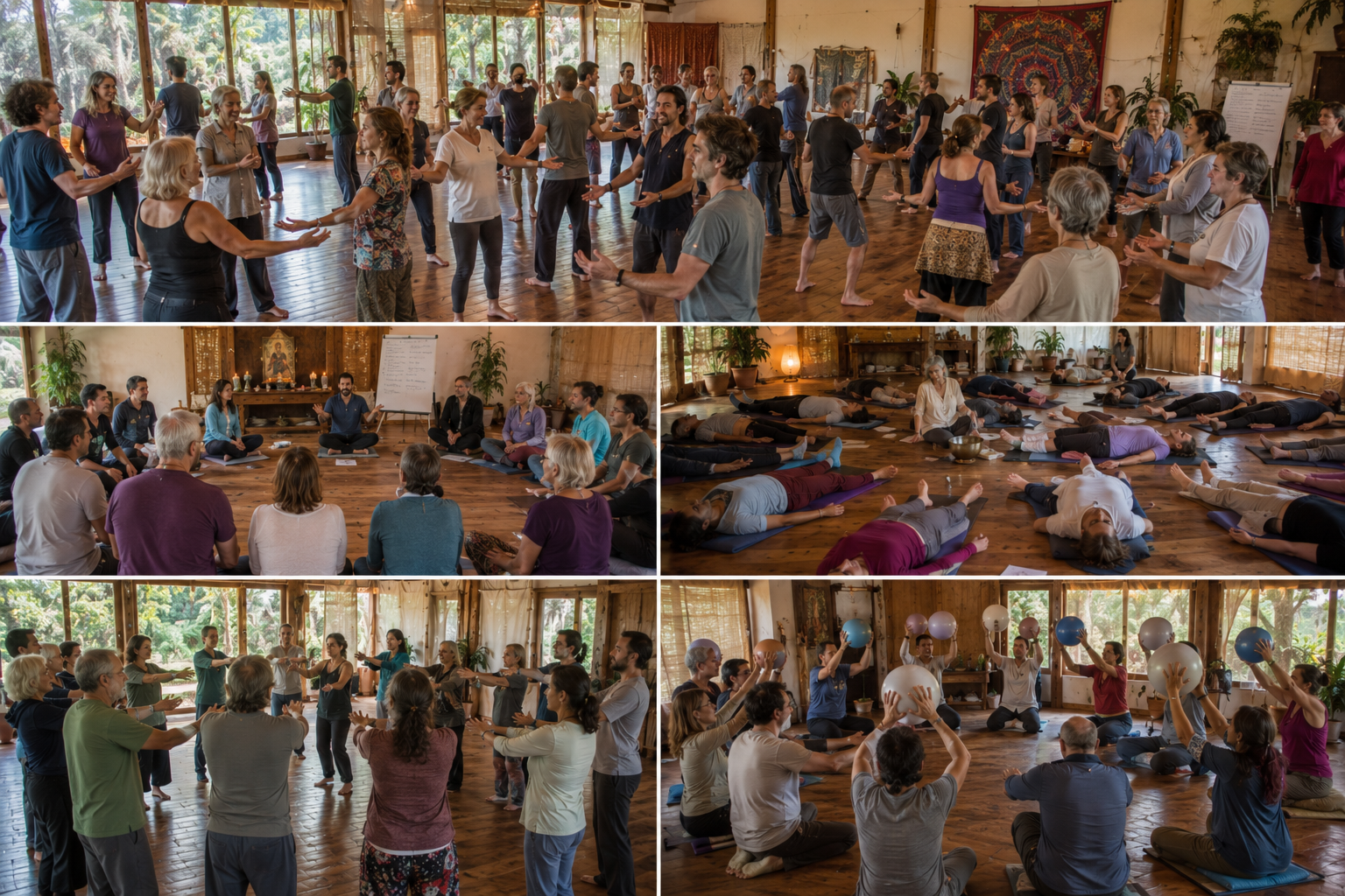 Participantes del retiro holístico de coaching disfrutando experiencias de sanación y bienestar