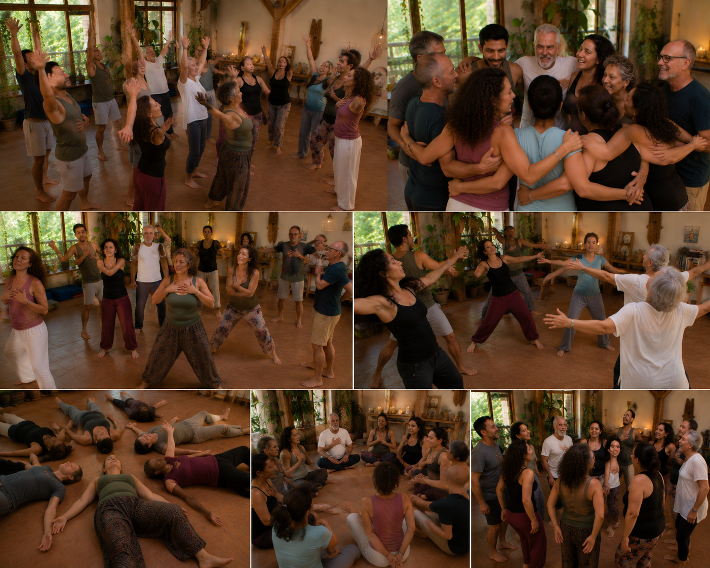 Participantes del retiro holístico de coaching disfrutando experiencias de sanación y bienestar