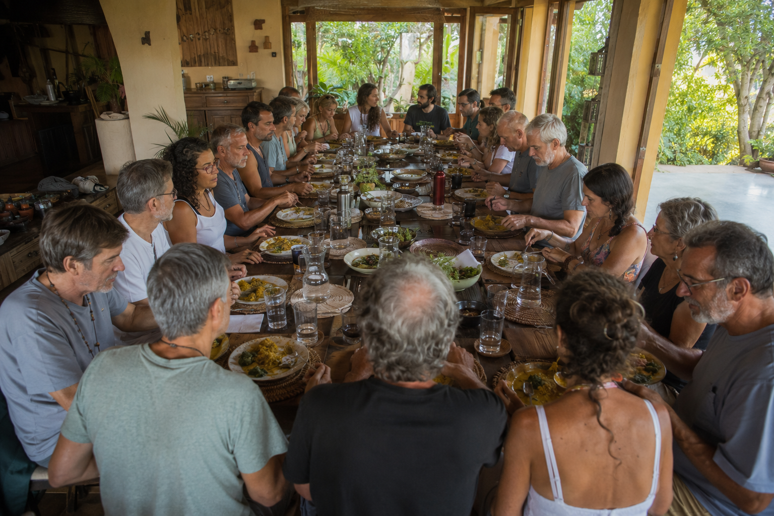 Participantes del retiro holístico de coaching disfrutando experiencias de sanación y bienestar