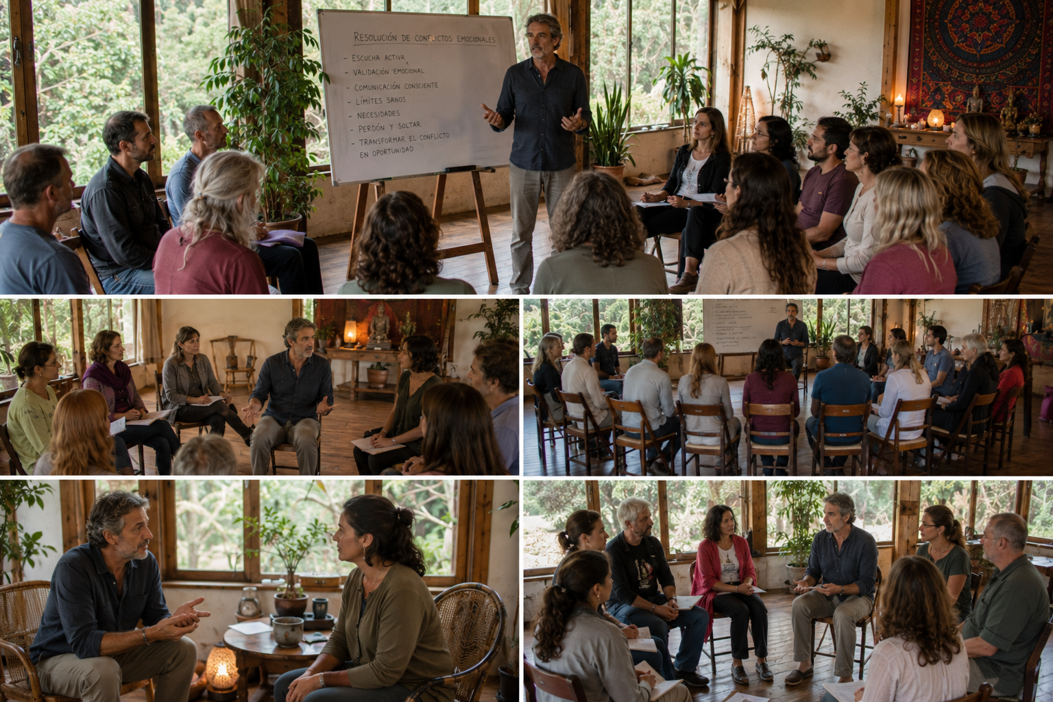 Participantes del retiro holístico de coaching disfrutando experiencias de sanación y bienestar