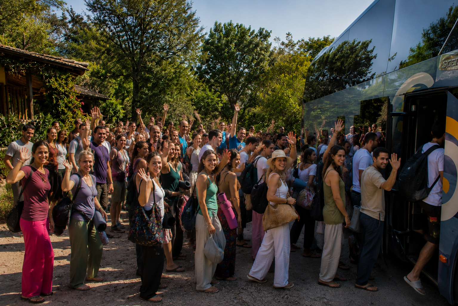 Participantes del retiro holístico de coaching disfrutando experiencias de sanación y bienestar