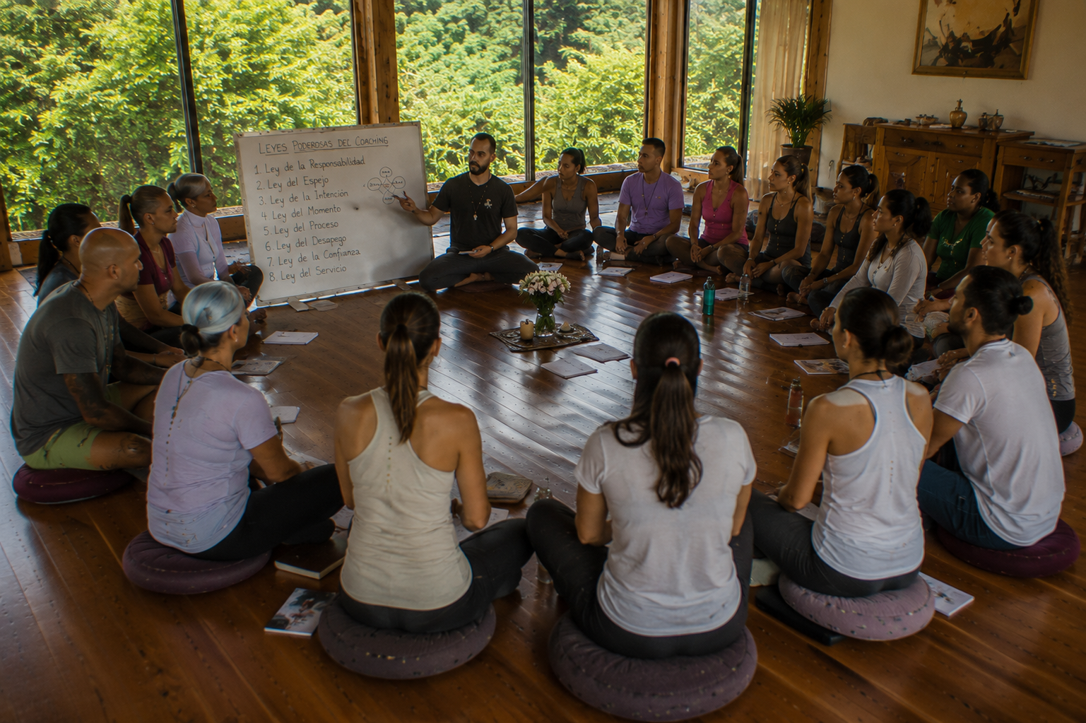 Participantes del retiro holístico de coaching disfrutando experiencias de sanación y bienestar