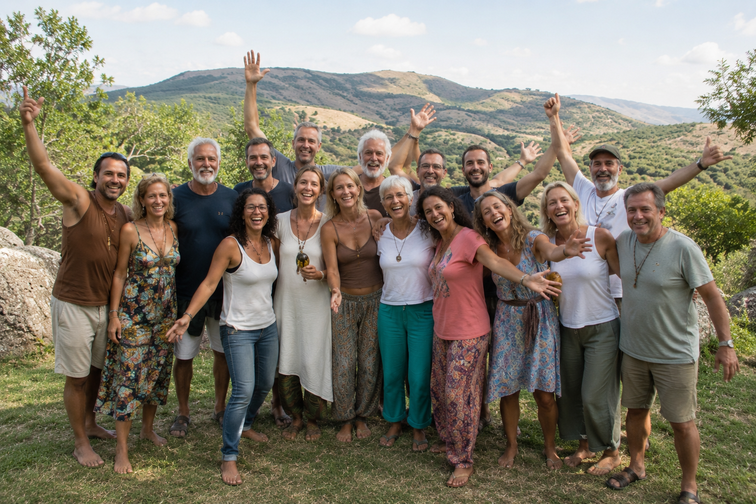 Participantes del retiro holístico de coaching disfrutando experiencias de sanación y bienestar
