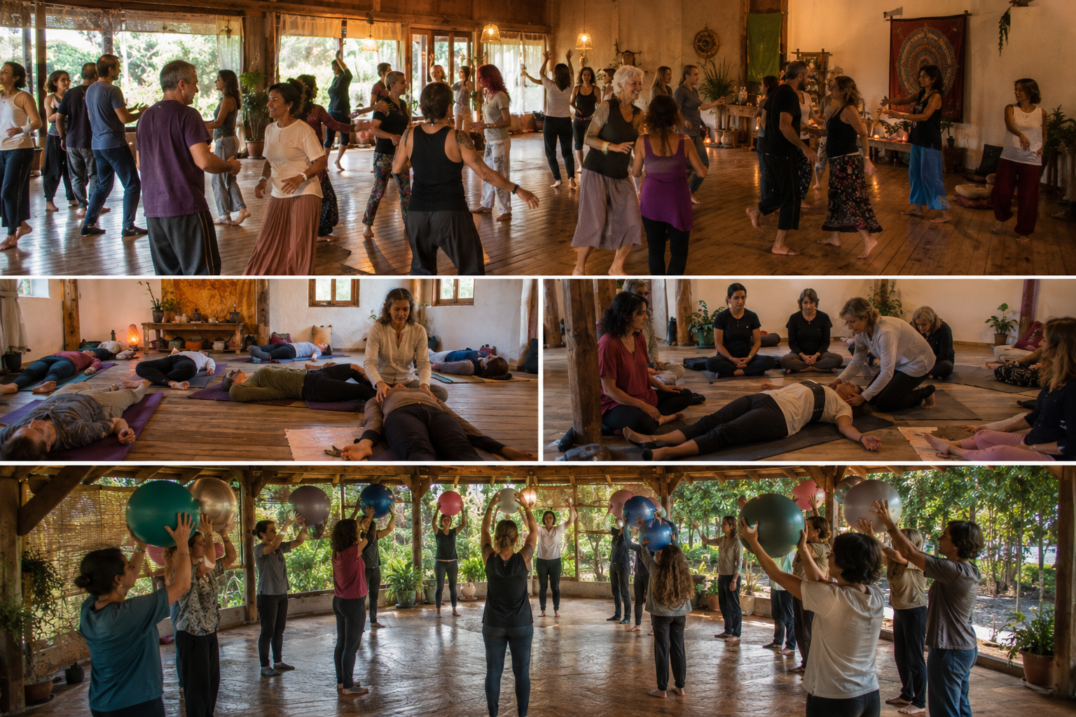Participantes del retiro holístico de coaching disfrutando experiencias de sanación y bienestar