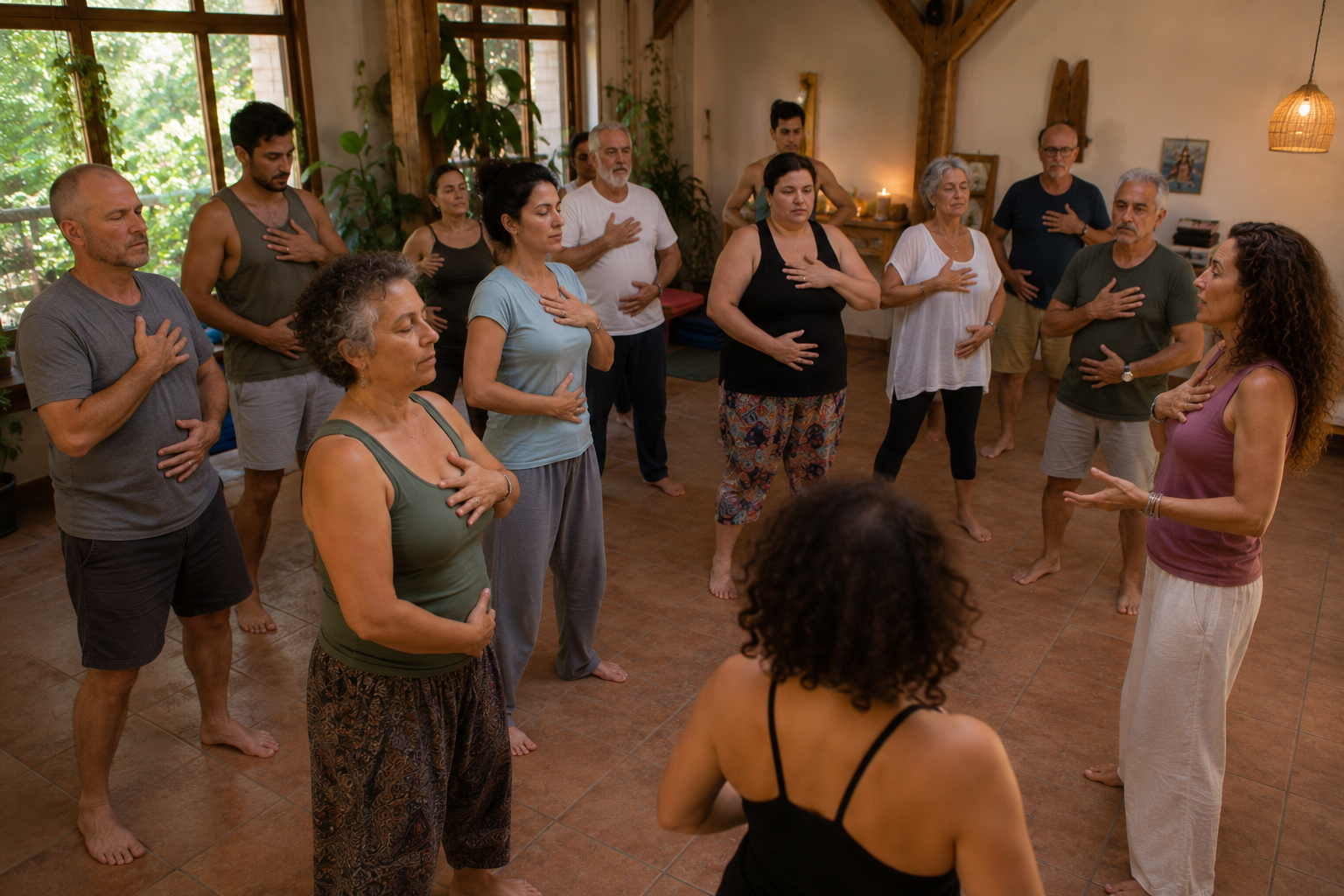 Participantes del retiro holístico de coaching disfrutando experiencias de sanación y bienestar
