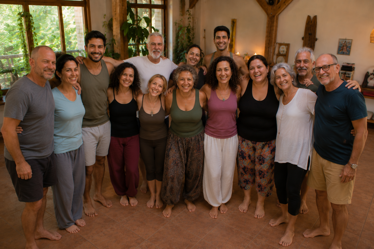 Participantes del retiro holístico de coaching disfrutando experiencias de sanación y bienestar