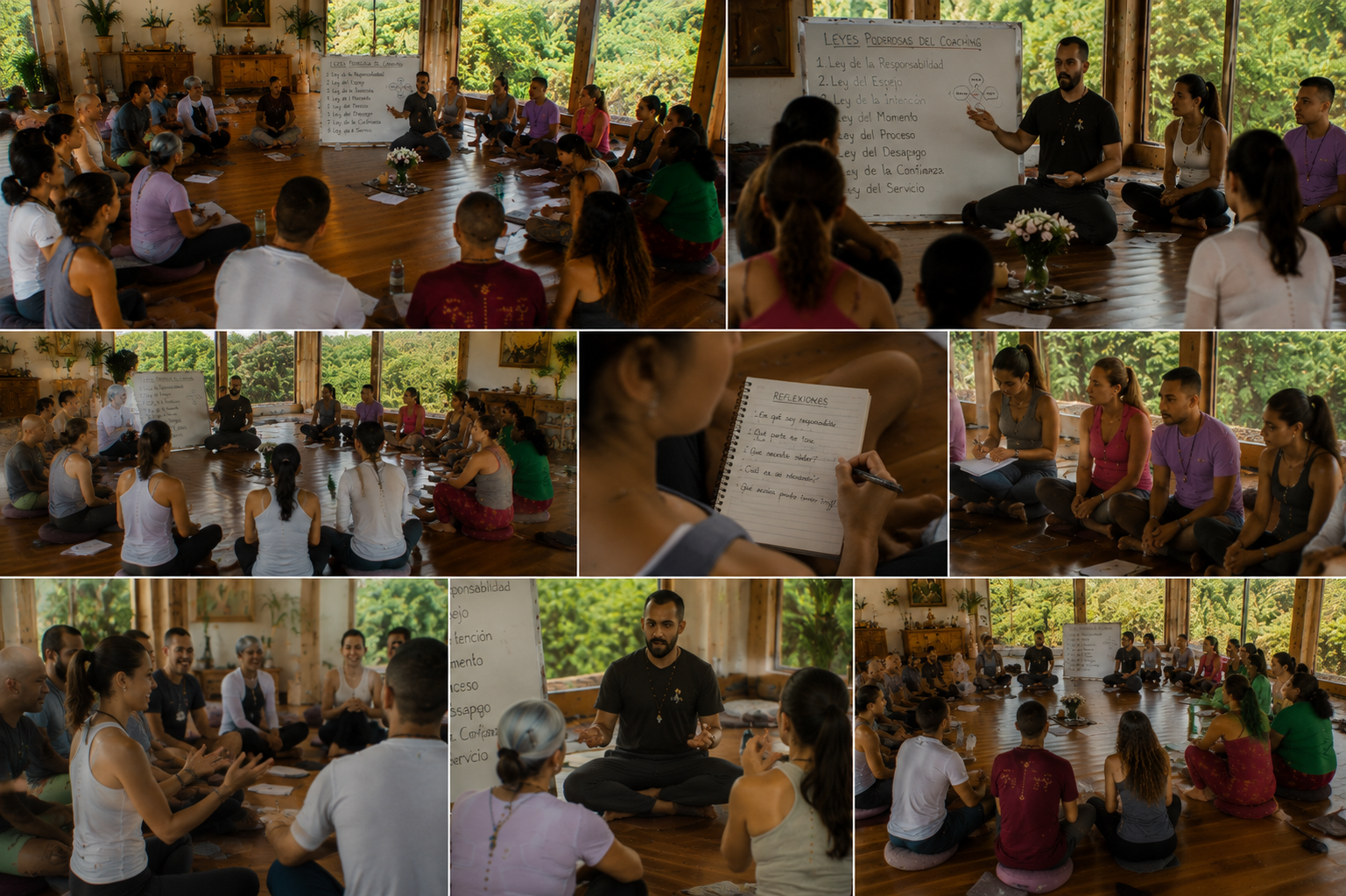 Participantes del retiro holístico de coaching disfrutando experiencias de sanación y bienestar