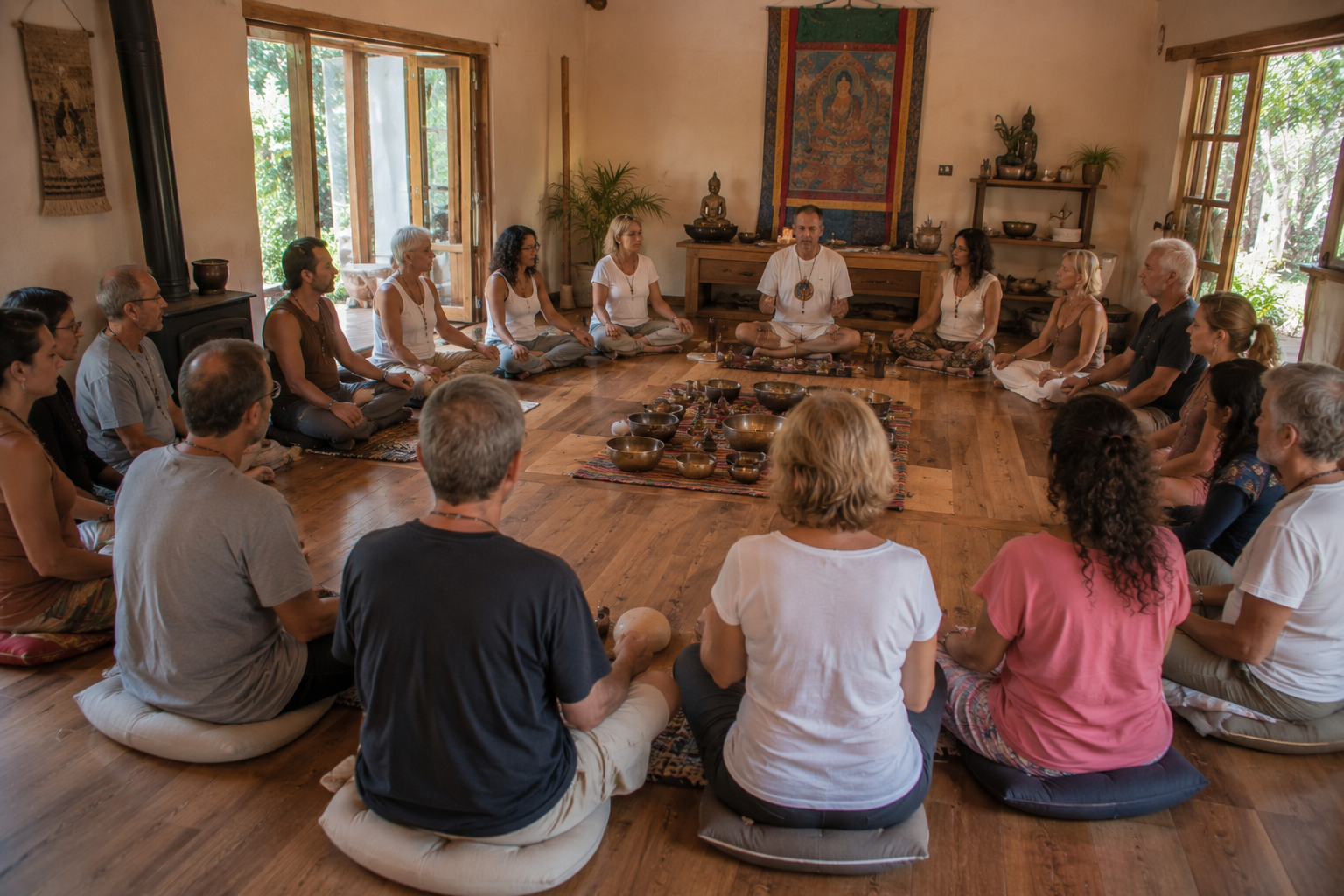 Participantes del retiro holístico de coaching disfrutando experiencias de sanación y bienestar