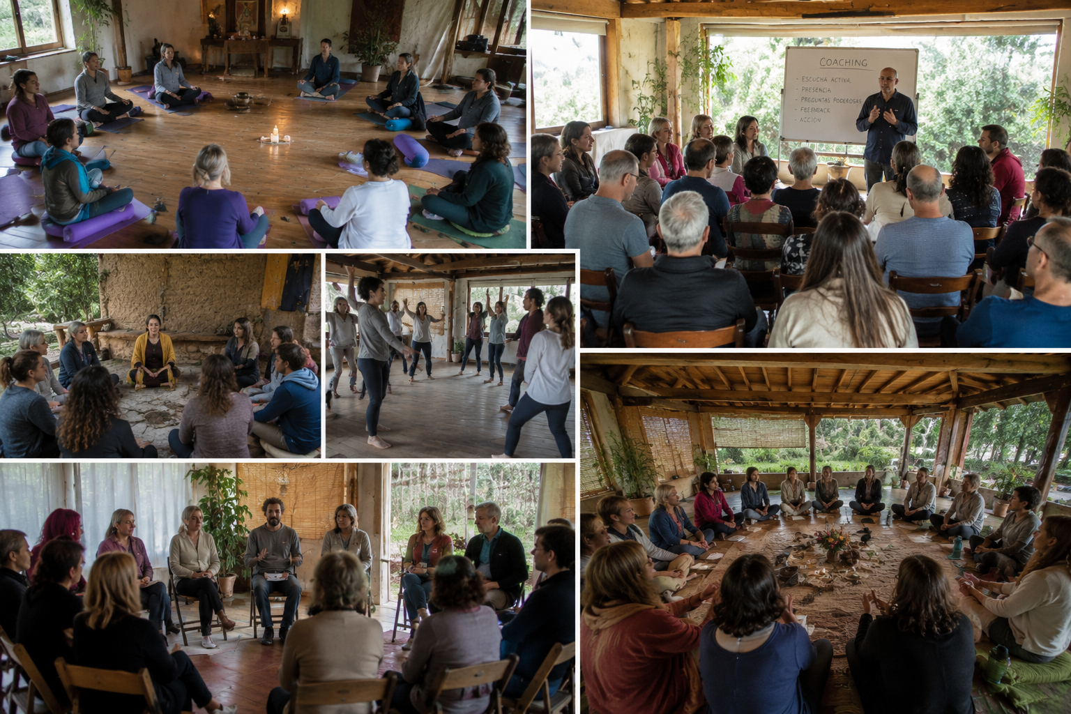 Participantes del retiro holístico de coaching disfrutando experiencias de sanación y bienestar
