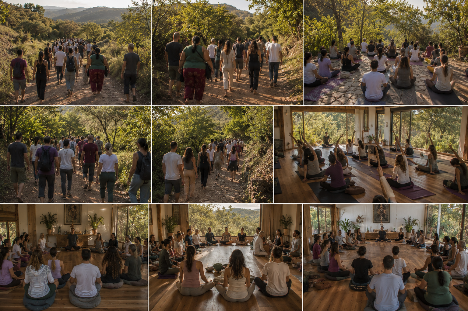 Participantes del retiro holístico de coaching disfrutando experiencias de sanación y bienestar
