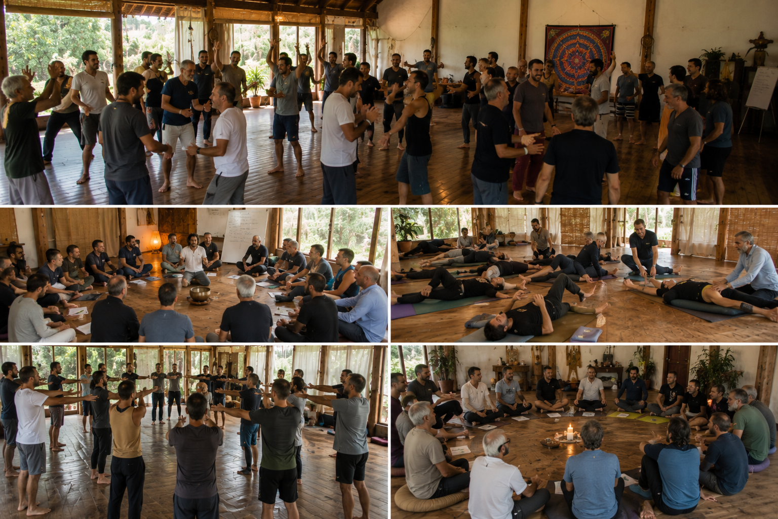Participantes del retiro holístico de coaching disfrutando experiencias de sanación y bienestar