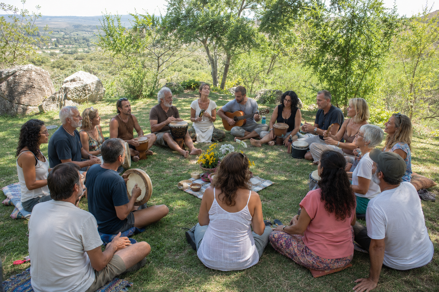 Participantes del retiro holístico de coaching disfrutando experiencias de sanación y bienestar